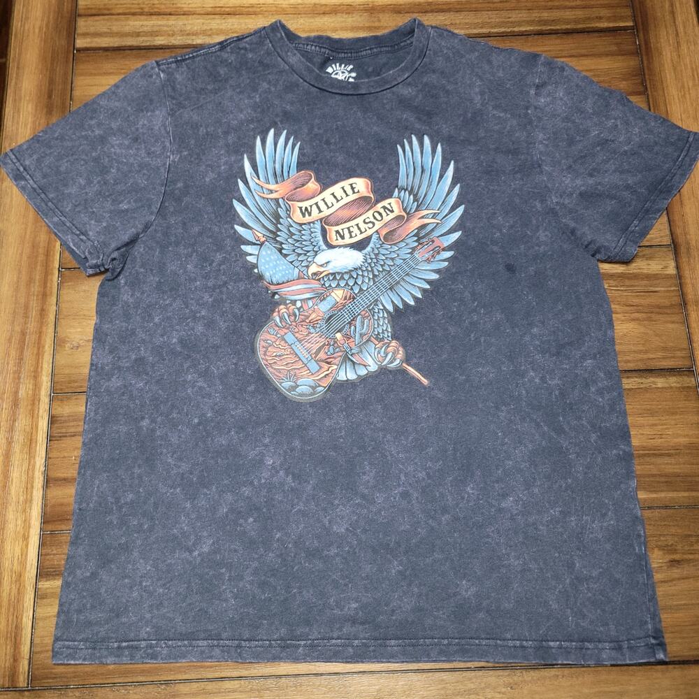 Willie Nelson Faded Black Unisex Tee Eagle & Guitar - Size Large